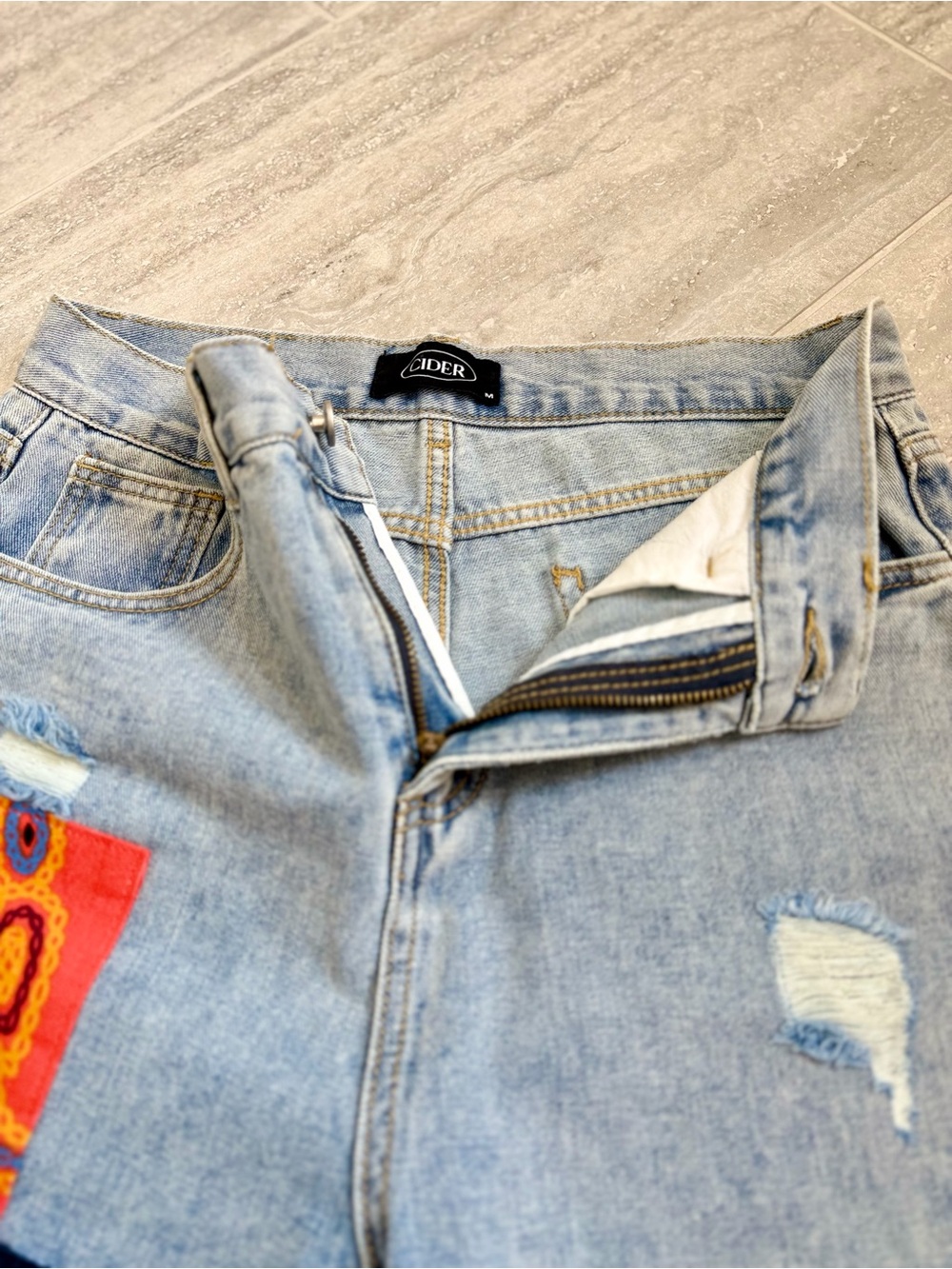 Cider Patchwork Distressed Straight Leg Jeans Light Wash High Rise Size M - Picture 5 of 12